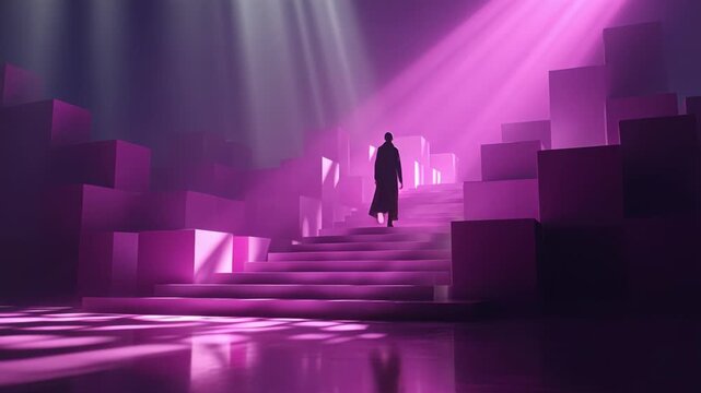 A Striking Visual Journey Through an Ethereal Space, Featuring a Silhouetted Figure Ascending a Serene Set of Illuminated Stairs Surrounded by Dazzling Purple Light and Geometric Structures
