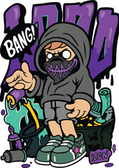 Obraz premium Cartoon graffiti artist in hoodie with spray paint and word BANG Keywords: graffiti, artist, cartoon, character, spray paint, can, paint, roller