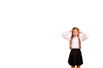 Composite photo collage of happy schoolgirl hold head idea finding back learn education study classroom isolated on painted background