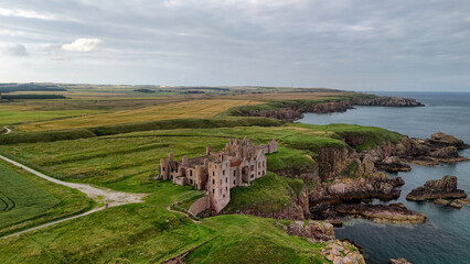 drone shot of Slains castle, dracula, UK