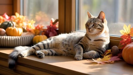 A tabby cat lounges on a windowsill adorned with autumn decorations, including pumpkins and colorful leaves, basking in warm sunlight