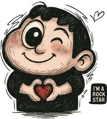 Cartoon character with heart hands winking and text I'ma rock star child cute