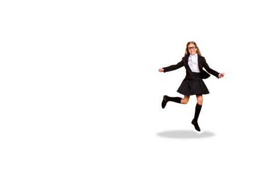 Composite photo collage of happy blonde schoolgirl jump autumn fall education season knowledge learner isolated on painted background - Powered by Adobe