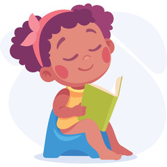 Smiling Young Girl With Curly Hair Wearing A Yellow Tank Top And Pink Headband Sitting On A Blue Potry Toilet Reading A Green Book