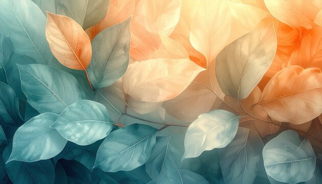 Fototapeta Vibrant leaves gently illuminated by warm golden sunlight create a serene and natural backdrop perfect for organic themes and tranquil designs
