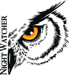 Close-up of an Owl's Intense Eye with " Night Watcher" Text bird raptor