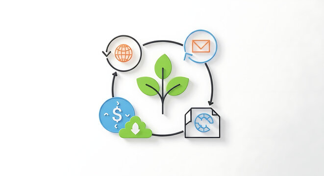 Illustration of a plant surrounded by symbols connected by arrows on a white background ai generated