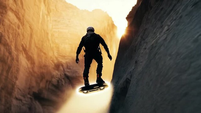 Person Hoverboarding in a Canyon at Sunset