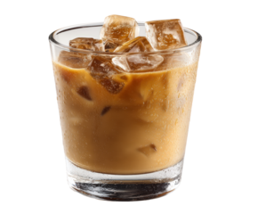 Iced coffee with milk and ice cubes in a glass isolated on transparent background