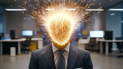 A businessman stands in an office with an electric head emitting sparks, symbolizing stress and burnout