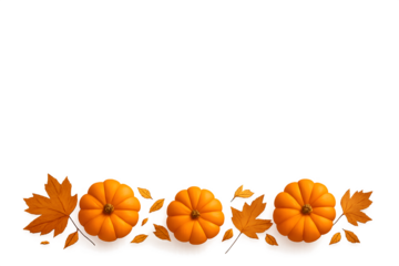 Pumpkins and autumn leaves forming decorative horizontal border on transparent background. Ideal for thanksgiving and fall design.