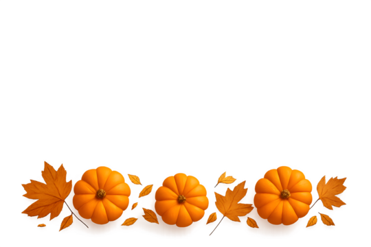Pumpkins and autumn leaves forming decorative horizontal border on transparent background. Ideal for thanksgiving and fall design.

