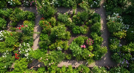 Overhead view of a flourishing garden with meandering paths