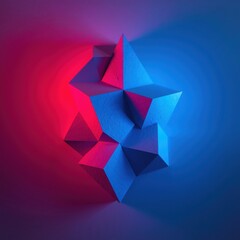 Obraz premium Stunning abstract geometric sculpture illuminated by vibrant red and blue neon lights creating a futuristic, modern aesthetic for design concepts.