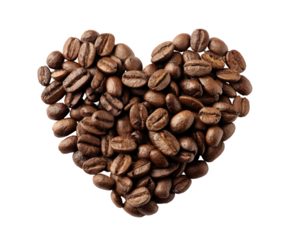Heart shape made of coffee beans isolated on transparent background, symbol of love for coffee