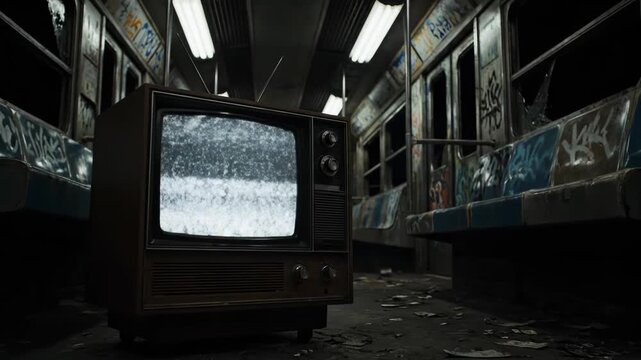 Old television set with static screen in a derelict subway car covered in graffiti vector illustration