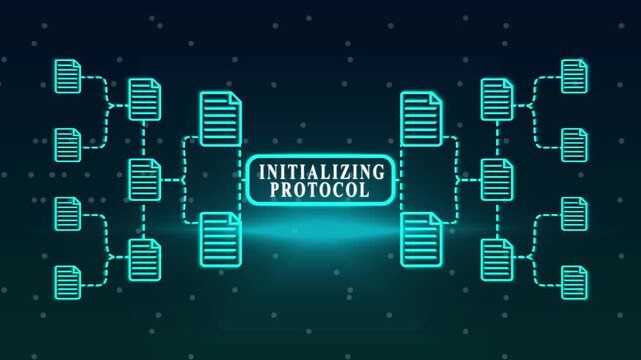 Digital Network Diagram Showing Protocol Initialization with Connected Nodes and Data Streams initializing protocol 4k video