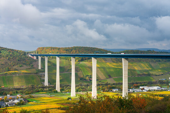 High Mosell bridge also known as Hochmosel on autumn cloudy day. Germany