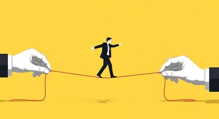 A businessman in a suit walks carefully on a red thread held by two large hands