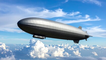 Obraz premium A grey blimp floats serenely above fluffy white clouds against a vibrant blue sky on a sunny day