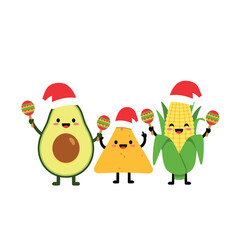 Festive Food Friends - Avocado, Nacho, and Corn Celebrating Christmas.