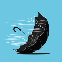 Black Umbrella Caught in a Strong Wind, Cartoon Illustration.
