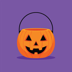 Halloween Pumpkin Bucket with Carved Face and Handle.