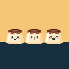 Three Cute Puddings with Smiling Faces and Caramel Topping.