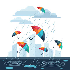 Rainy Day Cityscape with Colorful Umbrellas and Raindrops.