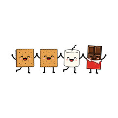 Cartoon Smores Ingredients Holding Hands - Graham Crackers, Marshmallow, and Chocolate Bar.
