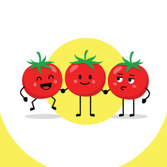 Three Cheerful Tomato Characters Holding Hands in a Group.