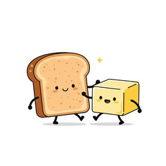 Adorable Cartoon Toast and Butter Friends Walking Together Happily.
