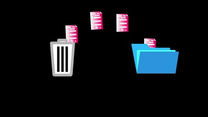 File management animation, delete and save files, digital cleanup with trash bin and folder icons, data organization, computer file system on black background - Powered by Adobe