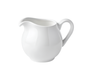A clean white ceramic creamer pitcher with a handle, isolated on a transparent background