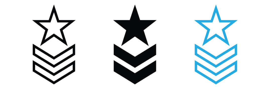 Modern star and chevron rank insignia icons for professional design and branding,Set of military rank icons isolated on white background in different styles
