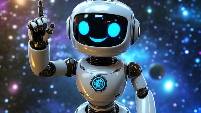 A futuristic robot smiles pointing finger up while talking to camera against a backdrop of stars and planets in space