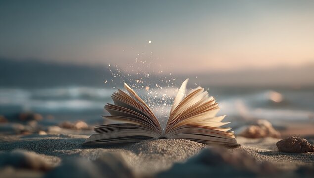 Open book on a beach at sunrise