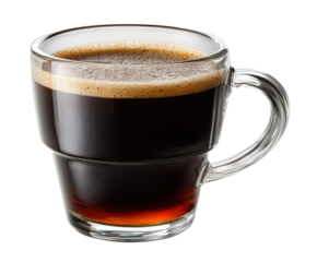 A clear glass mug filled with dark coffee and a frothy crema on top, isolated on transparent background