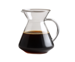 Glass pour over coffee maker with dark coffee, isolated on transparent background