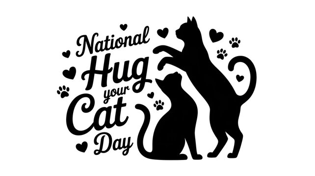 National hug your cat day text and silhouette of two cats embracing, with hearts and paw prints