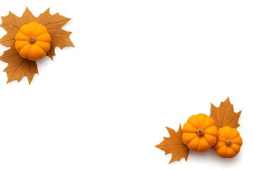 Pumpkin and orange autumn leaves forming decorative corner border on transparent background. Great for thanksgiving seasonal theme.