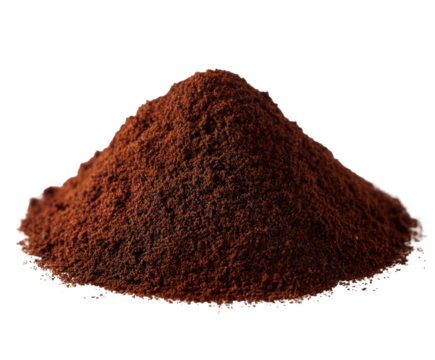 Heap of medium roasted coffee grounds isolated on a transparent background, highlighting its granular consistency and warm hue