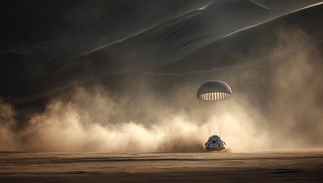 A spacecraft landing on a dusty Martian surface