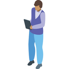 Isometric Person In Blue Vest And Light Blue Pants Holds Laptop With White Background