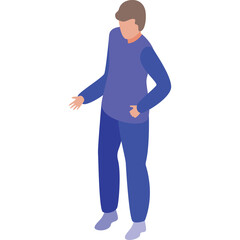 Isometric Person Wearing A Blue Long Sleeved Shirt and Blue Pants With Light Blue Socks Standing With Hand Outstretched On A White Background