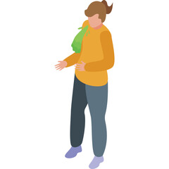 Isometric Person Wearing Orange Long Sleeve Shirt and Blue Pants with Green Bag on Shoulder Discussing Something While Standing Against White Background