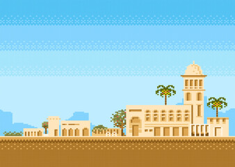 Pixel game scene of environment of the Arab countries, Arab Architecture.