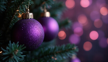 Obraz premium Close up of purple Christmas balls on a Christmas tree with bokeh background