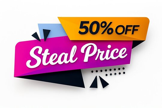 Dynamic and vibrant graphic design featuring a bright pink banner with steal price and a yellow banner with 50 off for promotional sales