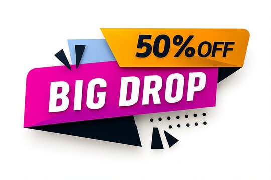 Big drop 50 percent off sale banner with bright colors and geometric shapes for retail promotions